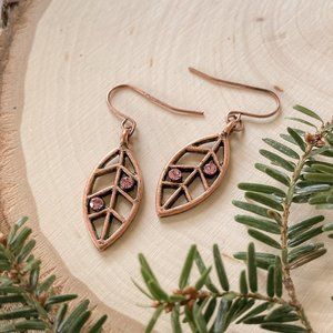 Copper Pink Rhinestone Dangle Fall Leaf Earrings